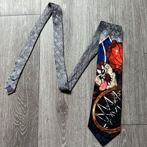 Vintage 90s Tasmanian Devil Silk Gray Patterned Tie